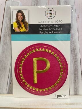 Sabrina Soto 3.5" Round Adhesive Patch Applique Pink Yellow Letter P Initial NEW